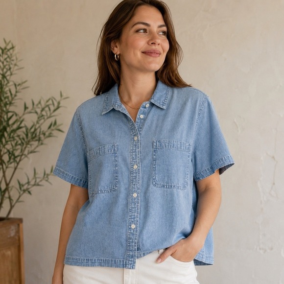 Madewell Tops - Madewell Light Wash Denim Shirt Womens L Short Sleeve Button Front